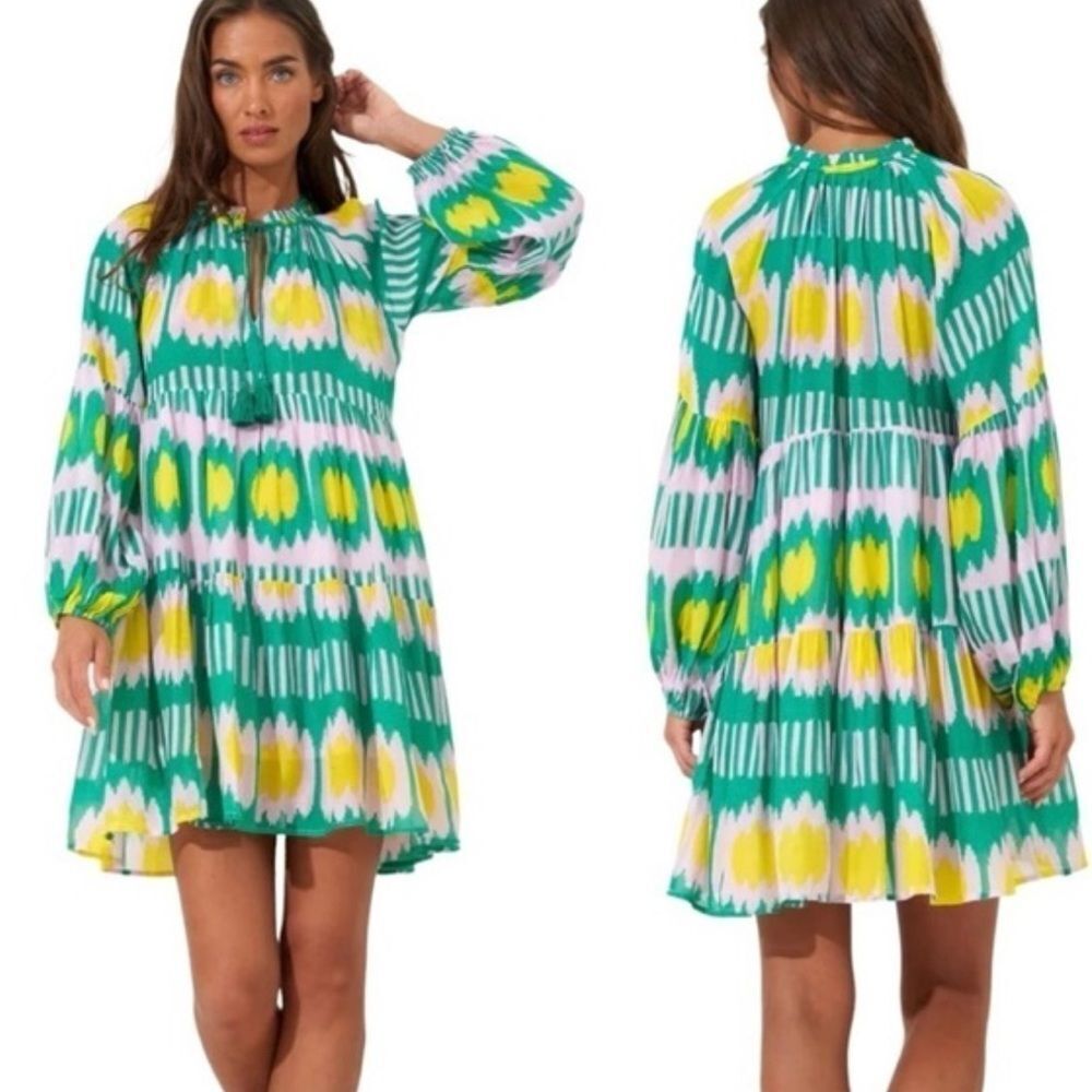 Oliphant Swing Dress Tunic‎ Balloon Sleeves Silk Cotton Blend Ikat Print …